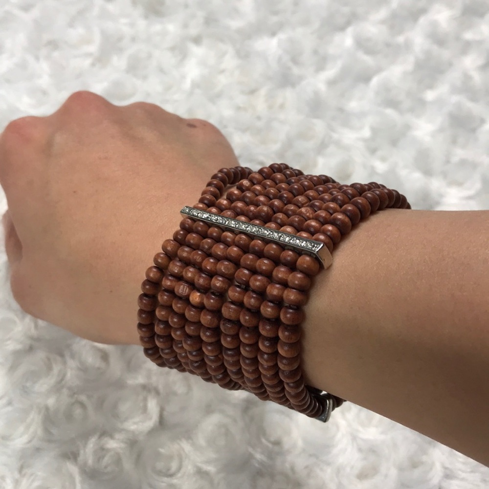 Brown Beaded Slivertone Stacked Stretch Bracelet